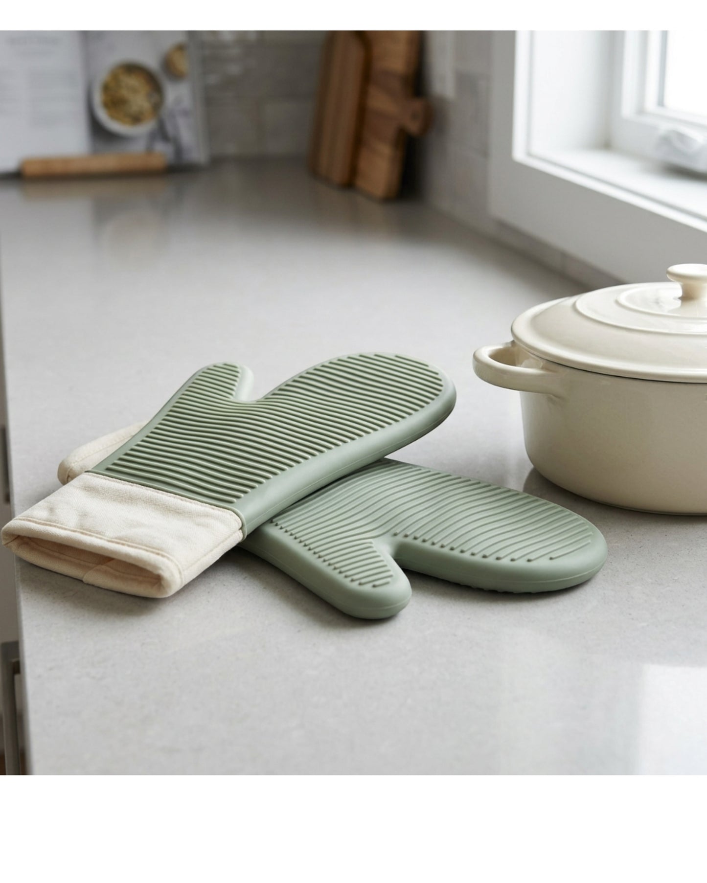 Bjwfx Moldridge Silicone Oven Mitts 13.8 in Sage Pair - Lifestyle view