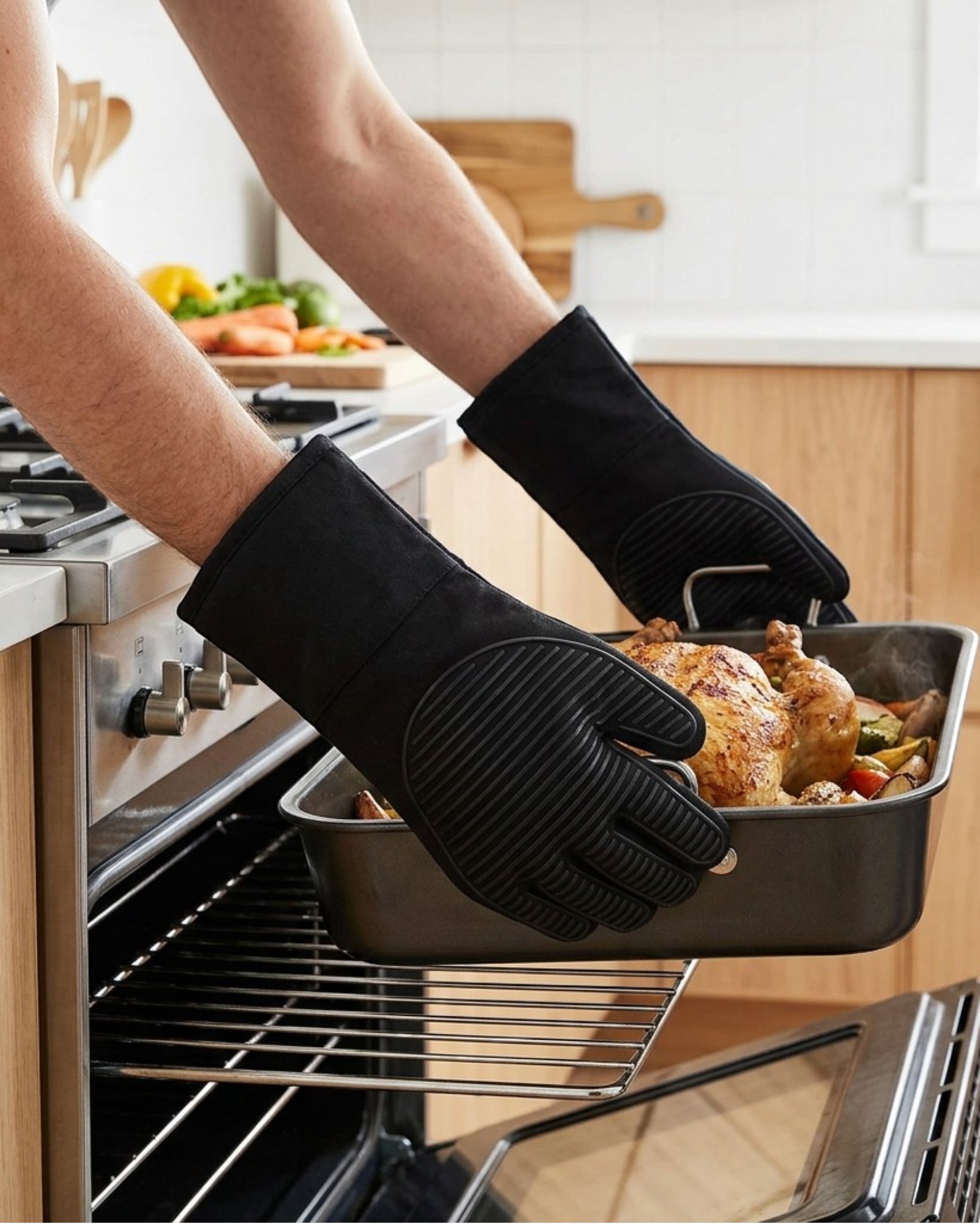 Bjwfx Silicone Grip Oven Mitts 2-Pack Black 35 cm