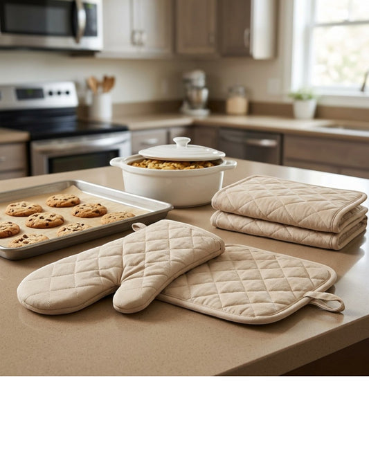 Bjwfx Heat Resistant Oven Mitt and Pot Holder Set Beige